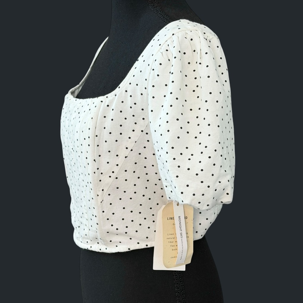 Midnight Sky Polka Dot Crop Top Womens Small Puff Sleeve Linen Coquette Milkmaid - Picture 2 of 7